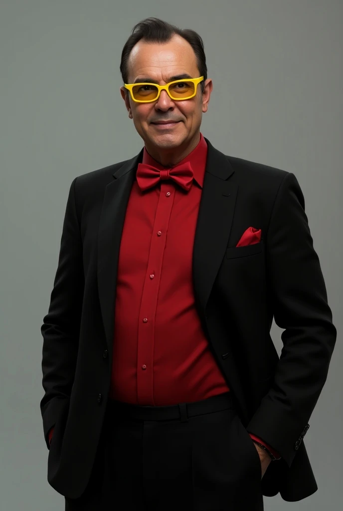 Red long-sleeved collar shirt, black pants black suit, yellow glasses, red bow tie, man