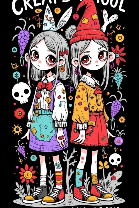 creepy cute illustration,black background, conjoined twin girls, pale skin, victorian gothic attire, oversized doll-like eyes, grapes in hair, monochrome, intricate linework, eerie yet delicate, dark fairy tale vibe, detailed clothing, vintage horror illus...