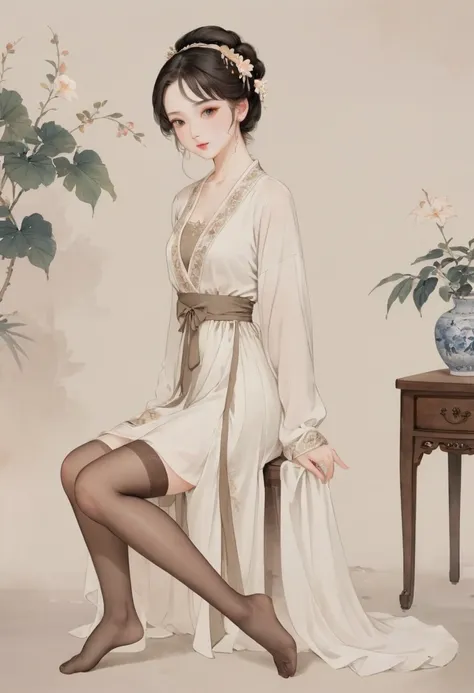 8k, masterpiece, best quality, 2D, ( Traditional Chinese Ink Painting :0.2),brown pantyhose, The brown pantyhose on the legs are exposed,Wearing Hanfu, Long Legs, Seductive Postures, Sexy pose, Very beautiful slender legs , Juicy legs, Wear a Short skirt, ...