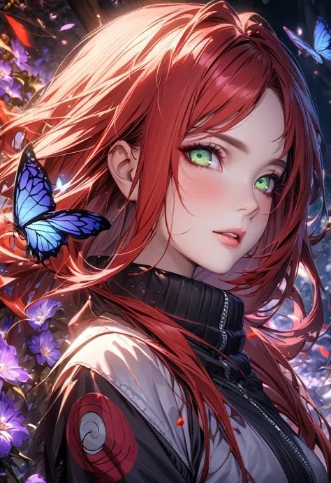 ultra detailed, highres, absurdres, hdr, fair comlexion, green eyes, long red hair, naruto shippuden, purple flames, butterflies...