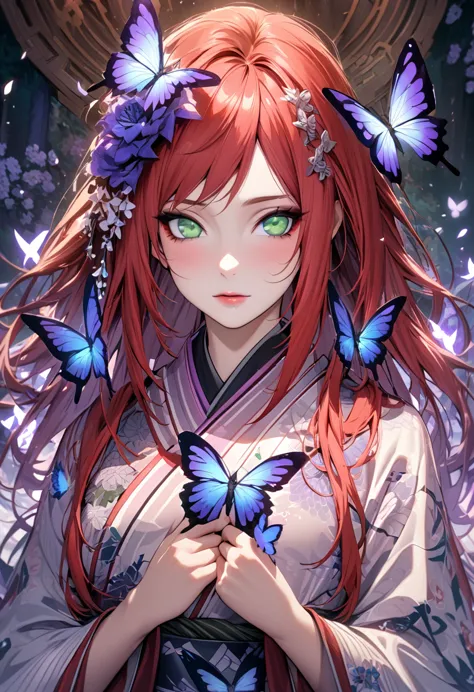 ultra detailed, highres, absurdres, hdr, fair comlexion, green eyes, long red hair, naruto shippuden, purple flames, butterflies...