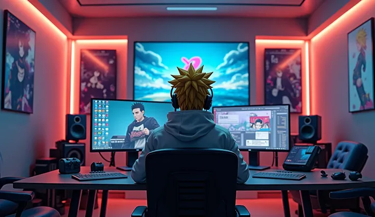 Prompt for creating for character:- "Create a anime boy who have a  mature looking like a man facing in front  he is a  YouTube content creator, sitting in his studio with futuristic gadgets, and there is mic near him ,wearing red hoodie, smiling, and ther...