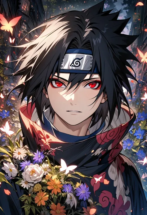 ultra detailed, highres, absurdres, hdr, uchiha izuna, fair comlexion, red eyes, long black hair, naruto shippuden, purple flame...