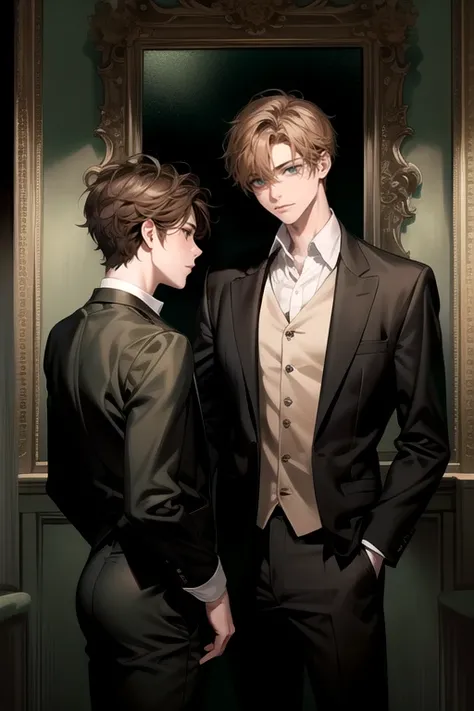 (masterpiece), (high resolution), (high quality), perfect face, beautiful face, (a male, with green eyes), brown hair, not facing each others. In dark room.