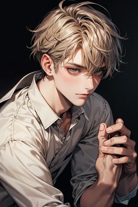 (high resolution), a male , Cotton travelers clothing with dull patches, ugly wrinkled, The shirt buttons are slightly open. Soft brown messy hair. Has a striking and soft presence. His facial features are strong and sharp, with a subtle softness. In the d...