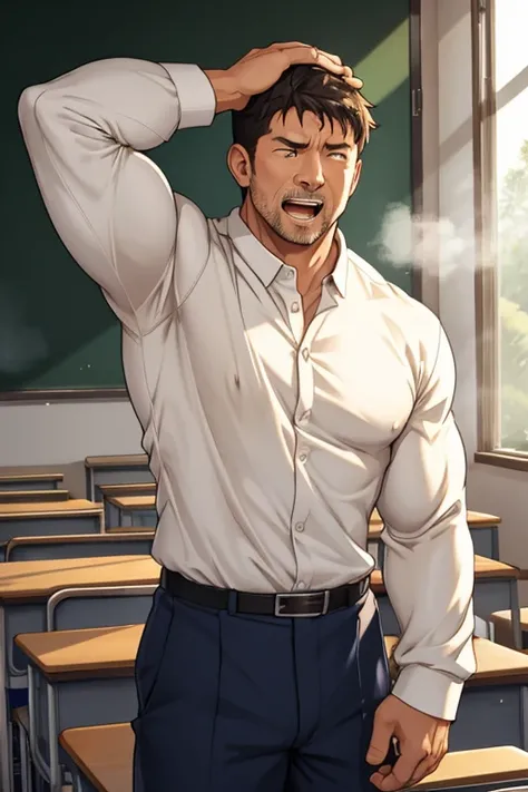  Thick Outlines 、classroom、male、Short Hair、human、40 years old、Muscular、front、 troubled face、 open your mouth and laugh、 Im putting one hand on my head、Heat、moisture、White long sleeve shirt、My armpits are wet 、 my neck is wet、Steam from the side、Steam from ...