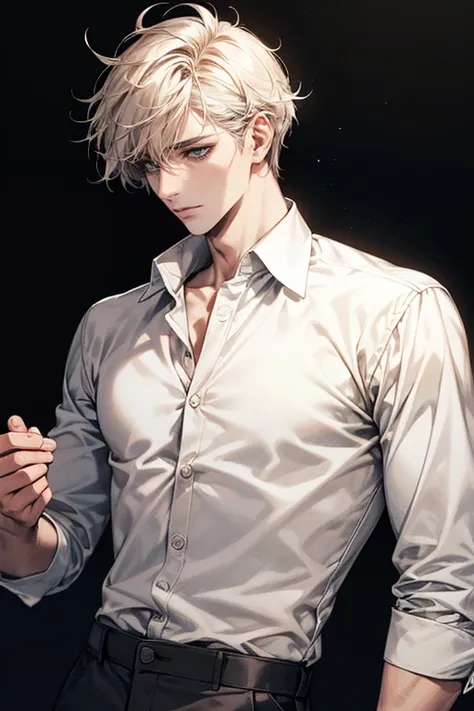 (high resolution), a male , Cotton travelers clothing with dull patches, ugly wrinkled, The shirt buttons are slightly open. Messy hair. Has a striking and soft presence. His facial features are strong and sharp, with a subtle softness. In the dark place. ...