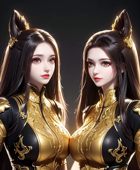 a twins female's gold monsters, gold monsters suit, as she's monsters , full body , red eyes, helmet mask, high detailed, realis...