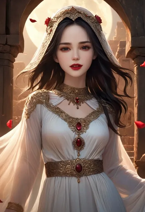  Beautiful eyes with great attention to detail, Long dark eyelashes, Sharp Fangs,   flowing black hair  ,  Graceful Posture, Pale skin, Red lips,  Traditional Arabian Outfits ,  mystical atmosphere , Moonlit Night,  Shadow,  delicate jewelry ,  ancient rui...