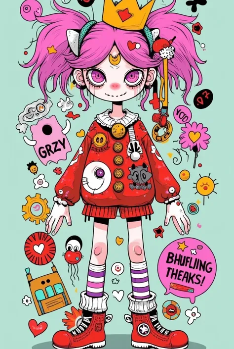 Crazy, girl, Long hair, curls,   pink hair ,  full-body photo ,  pink eyes ,  heart shaped pupil, Crazy微笑,  Blood splatter , 1girl, insane girl in long   pink hair , crown, bubble gum公主风格, Meticulous attention to detail, ( is the best quality), ( intricate...