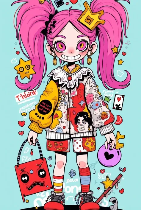 Crazy, girl, Long hair, curls,   pink hair ,  full-body photo ,  pink eyes ,  heart shaped pupil, Crazy微笑,  Blood splatter , 1girl, insane girl in long   pink hair , crown, bubble gum公主风格, Meticulous attention to detail, ( is the best quality), ( intricate...