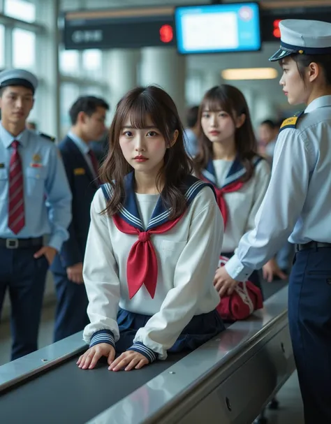 documentary photo, photo-realistic, ultra-realistic, these clone girls are Japanese high school student but traveling abroad by the airplane, wearing a sailor uniform, She comes out on the conveyor belt of the airports X-ray inspection machine for luggage,...