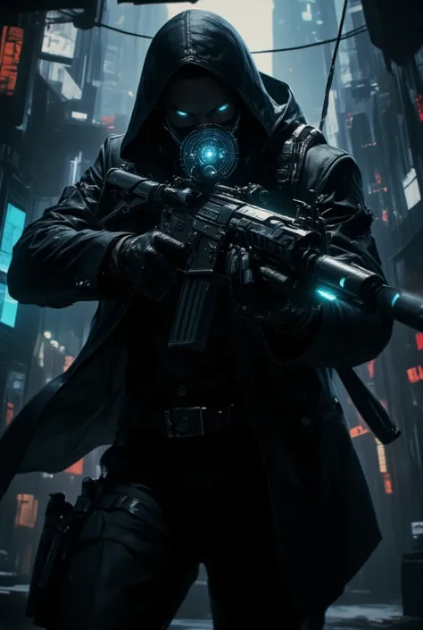  a secret agent from unknown wearing professional suit with gloves, intense focused expression, holding high-tech weapon and aiming at viewer, holographic targeting display over one eye, glowing blue digital interface, dimly lit background, futuristic atmo...