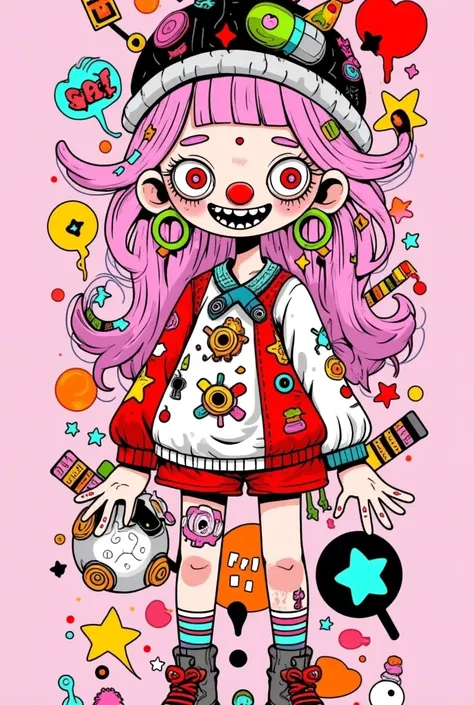 Crazy, girl, Red Nose，Long hair, curls,   pink hair ,  full-body photo ,  pink eyes ,  heart shaped pupil, Crazy微笑,  Blood splatter , 1girl, insane girl in long   pink hair , crown, bubble gum公主风格, Meticulous attention to detail, ( is the best quality), ( ...