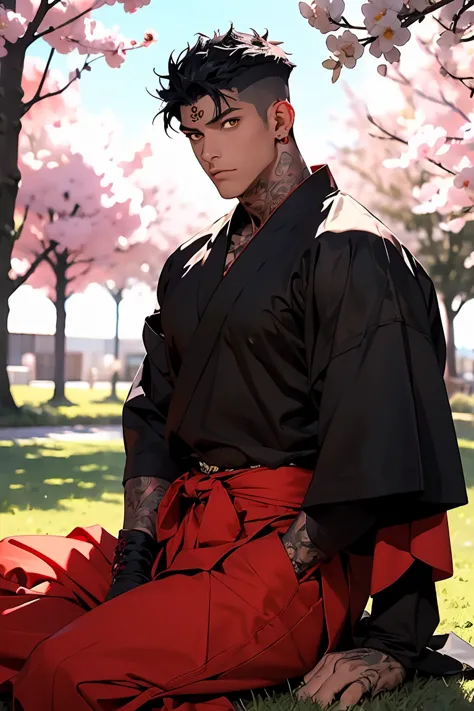 highest quality, 8K, high resolution image, anime style Jujutsu Kaisen, (Angra Mainyu/Fate Hollow Ataraxia), dark skin, (black tattoos) sword master, detailed strokes, bored look, blurry, purple light reflecting from it, 1 man , young, male, strong man, tr...