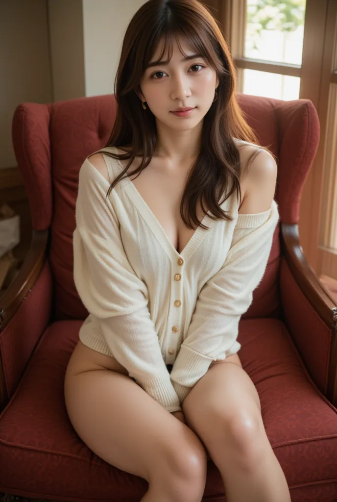 a warm, intimate indoor portrait of a slim east asian woman sitting gracefully on a classic, red-upholstered chair, facing the c...