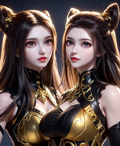 a twins female's gold monsters, gold monsters suit, as she's monsters , full body , red eyes, helmet mask, high detailed, realis...