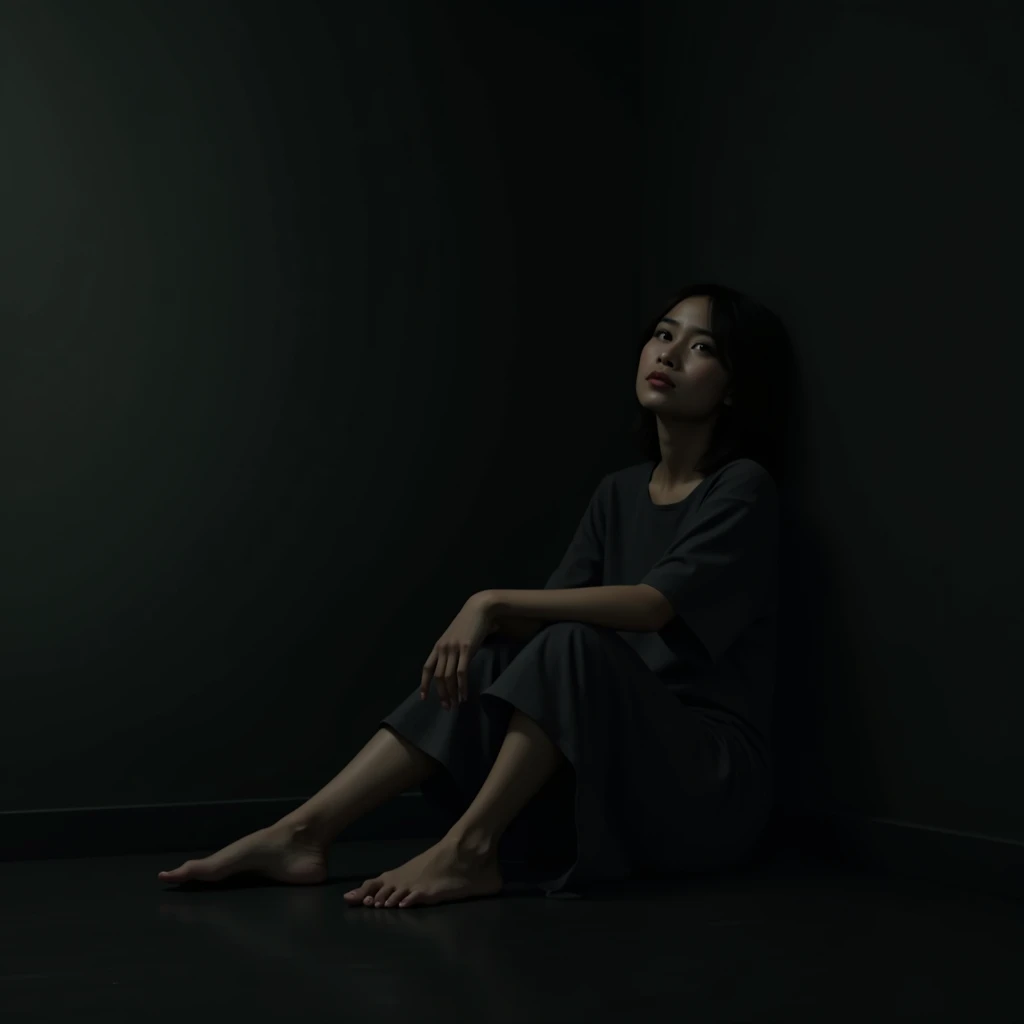 A beautiful young Indonesian woman sits in a dark room, leaning her back against the wall with a pensive expression. The dim, shadowed lighting adds to the melancholic atmosphere, capturing a sense of sadness or introspection. Her posture and the quiet sur...