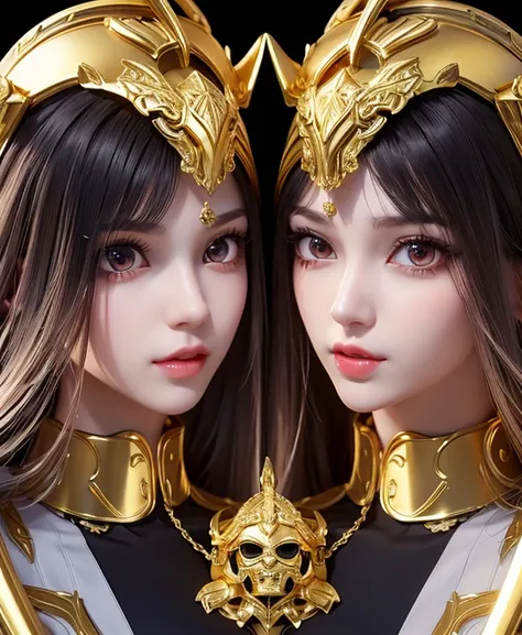 a twins female's gold monsters, gold monsters suit, as she's monsters , full body , red eyes, helmet mask, high detailed, realis...