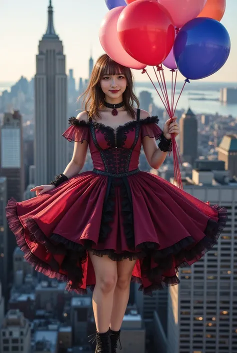 ultra-realistic, photorealistic, dramatic scene, shadow, global-illumination, (teenage Japanese famous idol girl:1.5), very beautiful fragile Japanese girl, very beautiful with very cute but boyish cool face, (gothic lolita:1.2), (She is wearing a dark red...