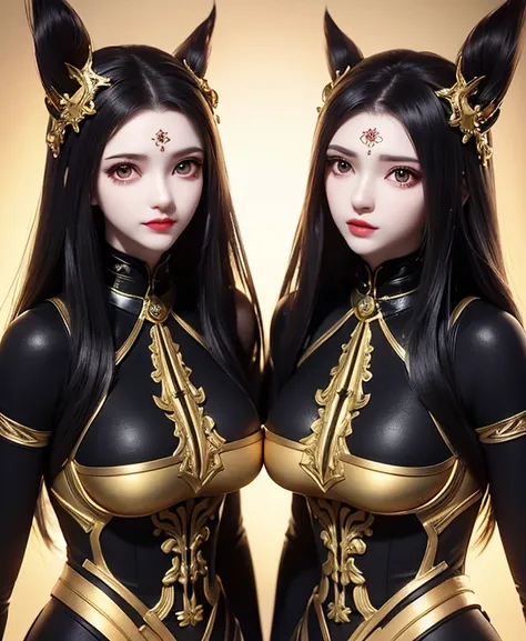 a twins female's gold monsters, gold monsters suit, as she's monsters , full body , red eyes, helmet mask, high detailed, realis...