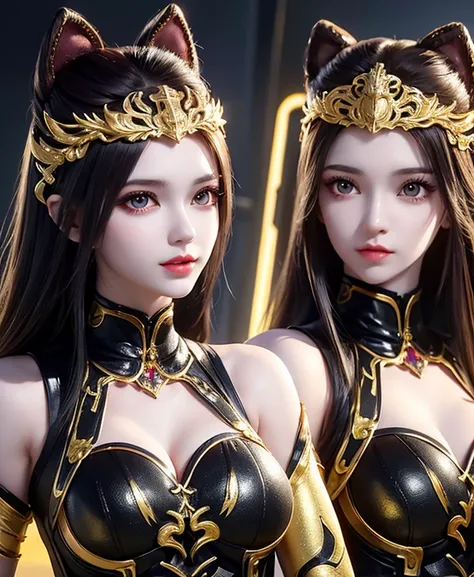 a twins female's gold monsters, gold monsters suit, as she's monsters , full body , red eyes, helmet mask, high detailed, realis...