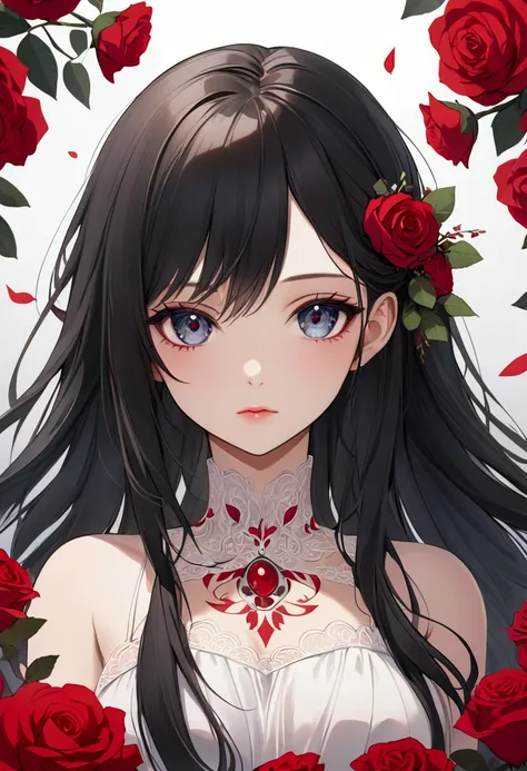  anime girl in a white dress with long black hair and red roses, tattoo,  have detailed beautiful eyes , Guwayiz, Guwayiz on pixiv artstation,  detailed digital animation art , Beautiful anime girl, Guwayiz on artstation pixiv, Animation style 4k, Guys ,  ...