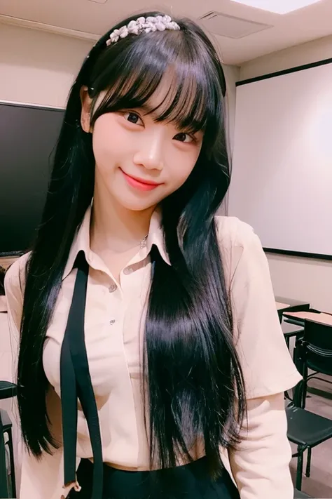 masterpiece, Best Quality, 8k, Ultra-dense skin,  perfect anatomy, upper body, cute, 1 girl,Full body zoom,Kim Chaewon,Jet black hair, straight hair, oily, shiny skin, smooth skin, watch viewers,Sharp focus,Focus,classroom,uniform,Brown blouse, white shirt...