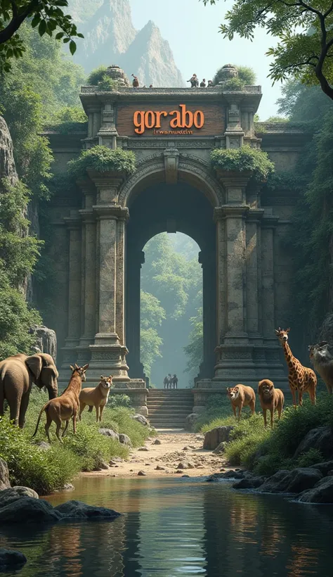 Rumble of stones forms word "GORABO among the ruins of an ancient temple building, the big wooden billboards says "IRWANUDDIN" standing next to it, background is on riverside of the jungle, some wild animals and weird creatures around the ruins (monkey ele...