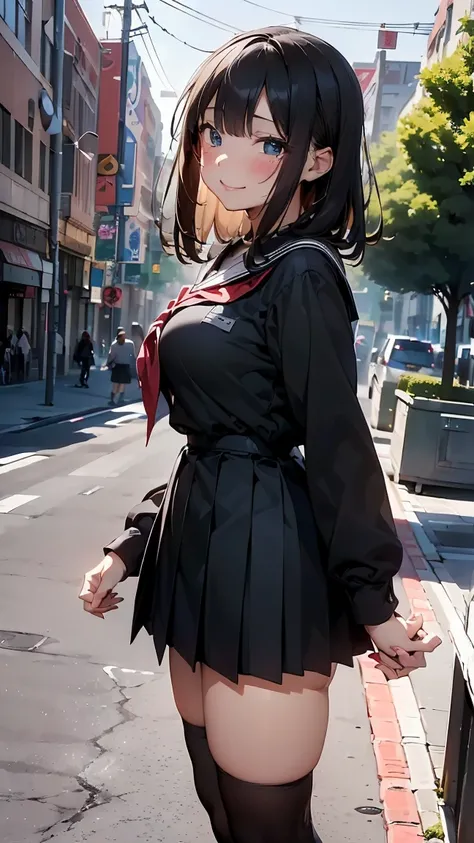 (POV from the side while holding hands:1.5),(Walking holding my boyfriends hand:1.5),(Sparkling Eyes,1.2),(beautiful eyes:1.2), is amazing, ( date holding hands in a downtown area:1.3),( girl, high school student), (Huge breasts),( black knee socks:1.3),(T...