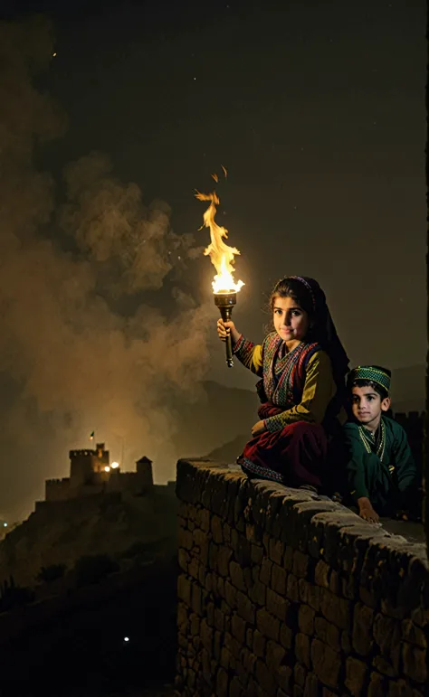 1woman, kurdish dress, traditional kurdish clothes, holding torch, 1boy, castle wall, night time, haze, mist, hight quality