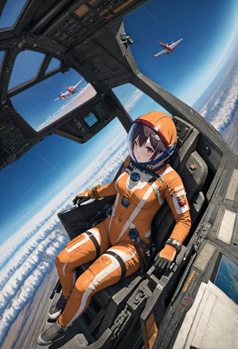 ((female pilot in the cockpit of a reconnaissance plane), (airplane cockpit), (in flight), (10000 feet altitude)、(sky view):1.7)...