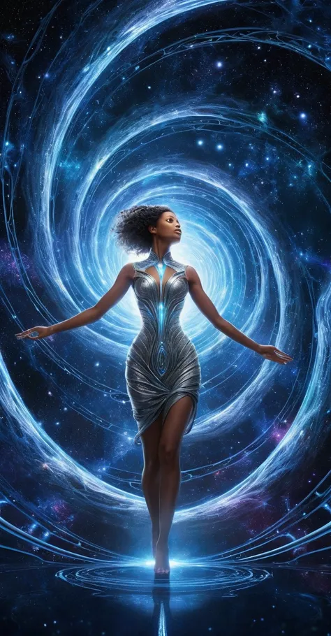 Create a detailed 3D style image of a feminine figure with divine attributes, in a varied pose and displaying unique ethereal qualities, set against the backdrop of a space wormhole. This design should visualize the concept of a divine figure navigating or...