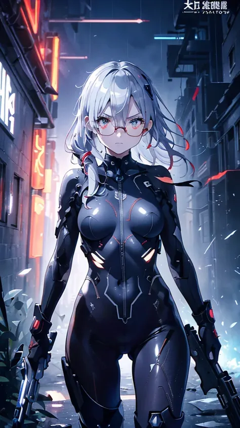 Silver Haired Girl,((Large Breasts:0.7)),Red glasses,Prone position,Looking thRough a sniper scope,Sighting gun,Tactical Boots,Futuristic gun,Rain environment, High image quality ,8k,super detailed, surreal,masterpiece,  Cinematic Lighting,  Dramatic Light...