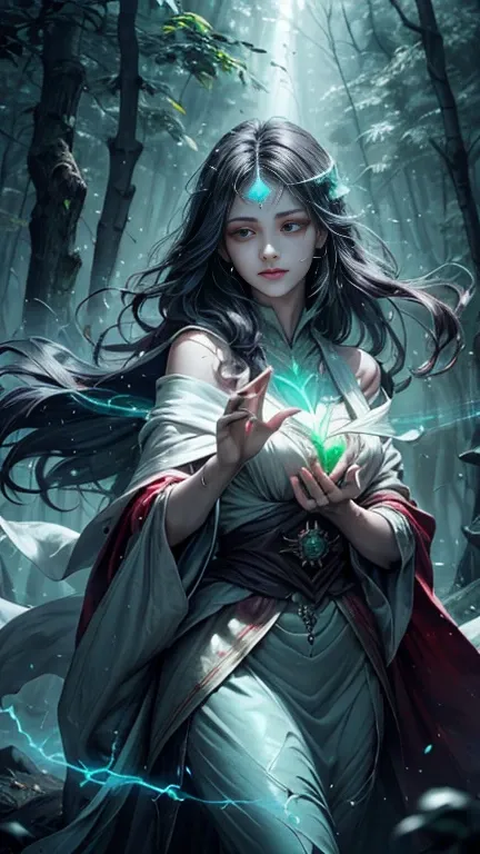 A young sorceress is casting a spell, her fingers glowing with vibrant green light. She stands with one hand extended, focusing her energy as mystical symbols shimmer in the air around her. Her eyes glow with power, and her flowing cloak sways in the wind,...