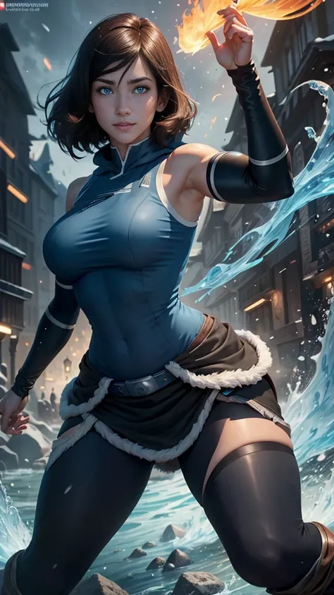 Korra da avatar,(best quality, 4K,8k,high resolution,work of art:1.2)(weather: snowing), artic background, ninja village, wide hips, short curly hair, brown hair, freckles, sleeveless crop ninja hoodie top, tight bodycon skirt, shinobi leggings, ninja harn...