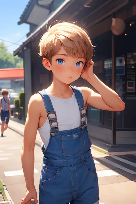 One person, Wearing overalls、 young british boy wearing a tank top underneath, Dynamic chest flickering pose , Sparkling Blue Eyes,  outdoor , Hands clasped behind back