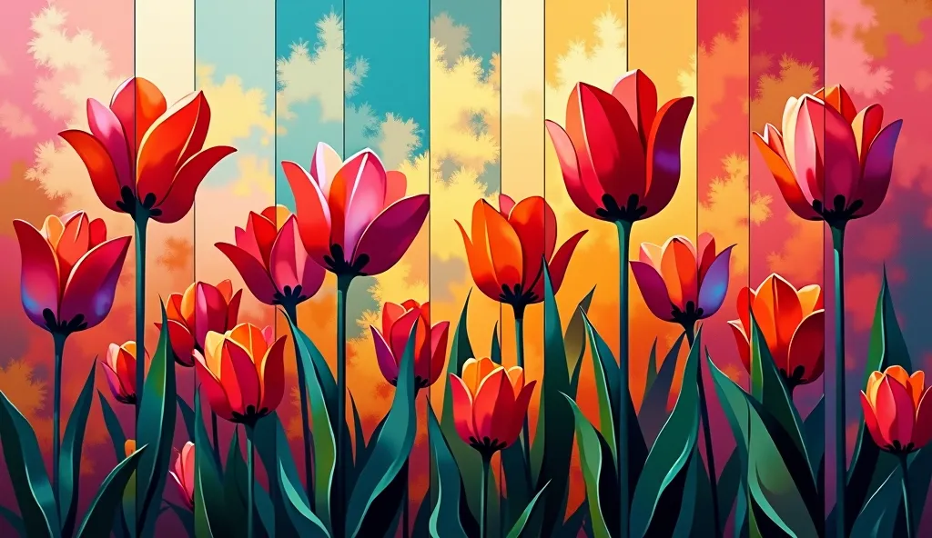 a field of tulips,abstract cubism art,intricate geometric shapes,colorful floral patterns,oil painting texture,dynamic composition,bold colors,strong shadows and highlights,sharp contrasts,fragmented forms,depth and perspective,masterpiece quality,photorealistic,professional digital art