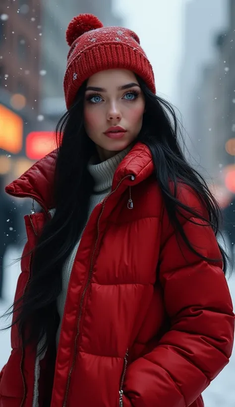 Hyperrealistic, very big busty 18 year old young woman , very fair white skin , The seductive winter clothes and the clothes are dressed in red look at the camera.  very long black hair and metallic blue eyes ,  beautiful attractive face, perfect face and ...