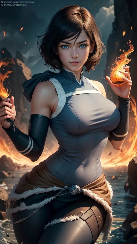 Korra da avatar,(best quality, 4K,8k,high resolution,work of art:1.2)(weather: midday), artic  background, spirit realm, wide hips, short curly hair, brown hair, freckles, sleeveless ninja hoodie top, ninja corset, ninja belt, shinobi leggings, ninja harne...