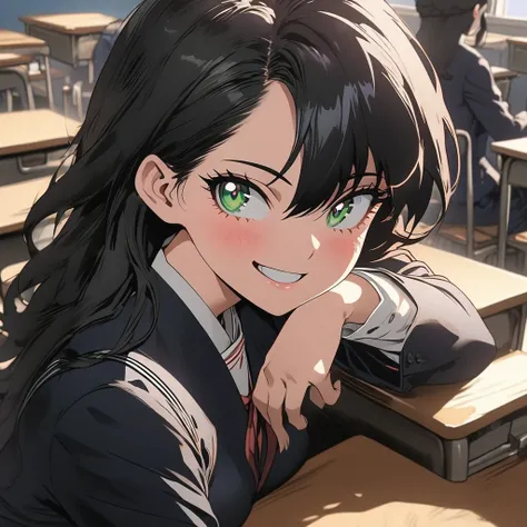 1female, school girl, ((alone)), ((smiling)), standing, ((mischievous expression)), ((long black hair)), green eyes, long eyelashes, large breasts, black blazers, black skirt, (in a classroom), (half-body image:1.3), masterpiece, ultra HD, anime style, (my...