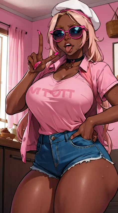 1 female, perfect, best quality, highres, dark skin, huge breasts, blond and pink mix  very long hair   , , blue eyes, tanned, tan lines, smug, fang, , sweating, indoor, house, , pink jacket opened  ,(((pink  shirt with written slut on it ))) short shorts ...