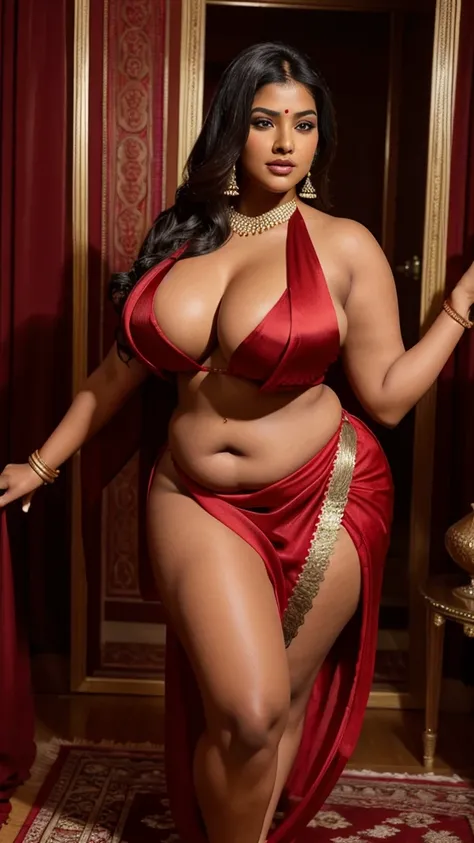 Full body image of a sexy indian woman in red sari posing for a picture, sexy movie photo, indian, plus sized indian goddess, hourglass body figur, in red and black, her belly button is exposed, provocative indian, in red background, traditional beauty, re...