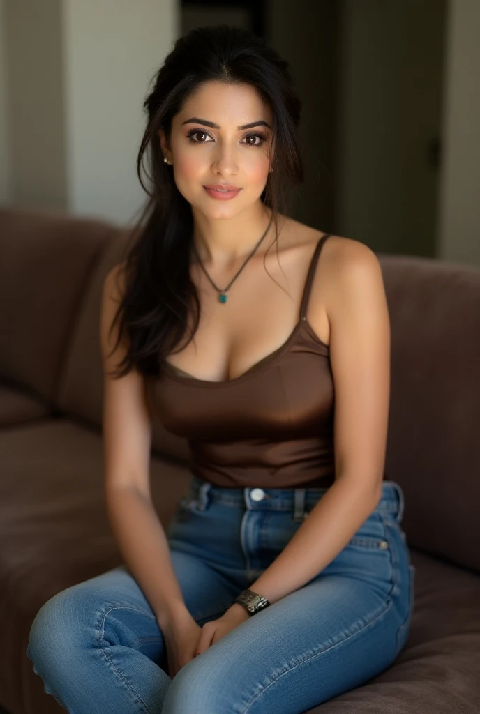 ashwariya rai who is 25 years slim body  old wearing tight jeans and satin top with boobs of size 32b sitting on sofa with a smile and tied hairs, with no make up