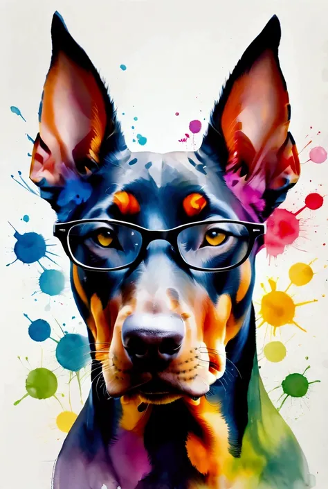 illustration of a Doberman dogs head divided into multiple colorful segments, with each section painted in bright, bold colors. The cat is wearing glasses, which add character and style to the image. Each color block should be distinct, creating a playful ...