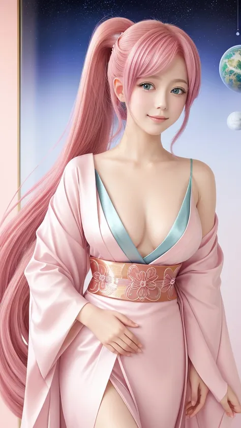 Create an image of a female character inspired by Lacus Clyne from Mobile Suit Gundam SEED FREEDOM. She should have long, flowing pink hair styled in a high ponytail, with bright blue eyes. The character is wearing a beautiful, modern kimono that blends tr...