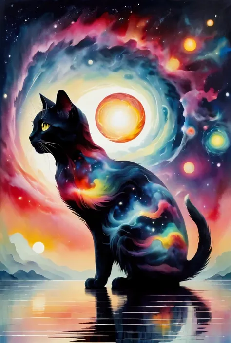 high quality, beautiful and fantastically designed silhouettes of colorful cat due to gravitational waves, beautifully designed wavelengths, very weak vibrations caused by fluctuations in the gravitational field of the universe, wave nature, stretching and...