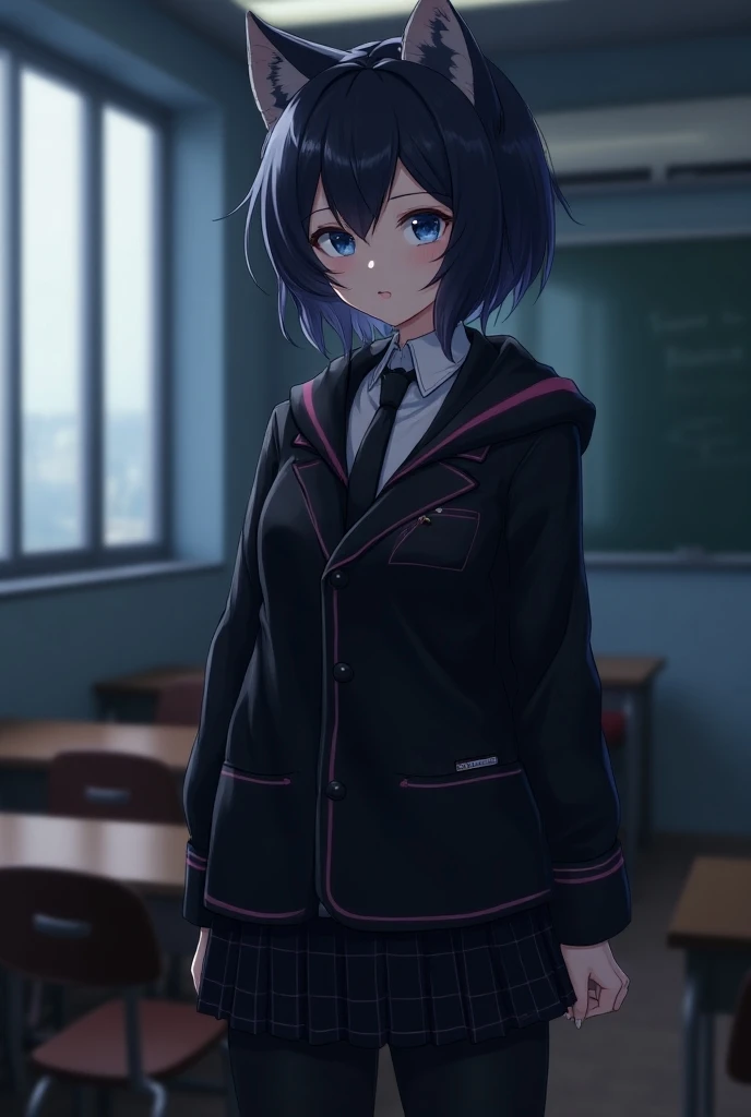  short hair with a habit,Indigo Hair,Light blue eyes,Neutral,Handsome Girls, boyish ,Tall,Muscular,High school girl,uniform, Black Blazer ,ブレザーの下にスcoolシャツ,Black tie,Butler, blazer wearing a wolf mask,Black Checkered Skirt, black tights,Thick thighs,Muscula...