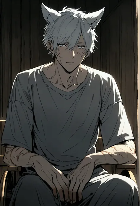 a man about 30 years old, weak and pale body, face full of scars, has wolf ears, sitting in a simple wooden wheelchair, background in a simple wooden house, silver gray short hair, silver gray eyes, simple canvas shirt