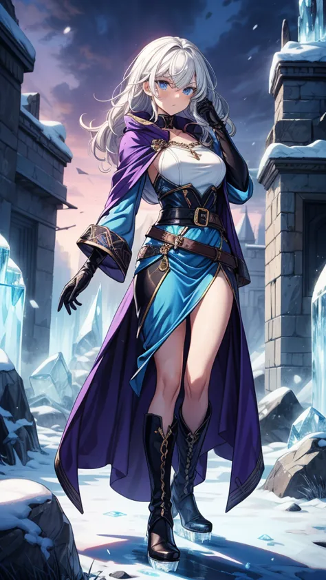 ((masterpiece, best quality:1.3, high detail)), beautiful serious woman looking at viewer, angry, long wavy hair, (white hair), hairpin, bright blue eyes, dark blue, (white blouse long sleeves), coat, (blue midi pencil skirt), ((long blue skirt)), belt, gloves, boots, collarbone, ((atmospheric, magic, ice)), stone, snowy ruins, purple sky, (blue cloak), fantasy, lower body, 